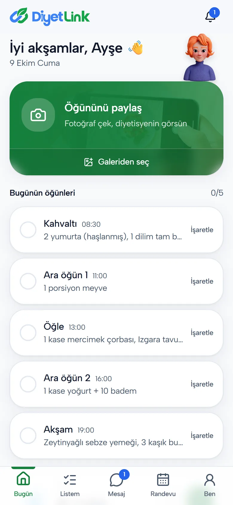 Danışan uygulaması: Bugün ekranı